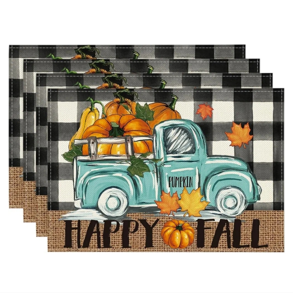 New, Vintage Buffalo plaid truck Hello Fall placemats kitchen dining table 4 pc